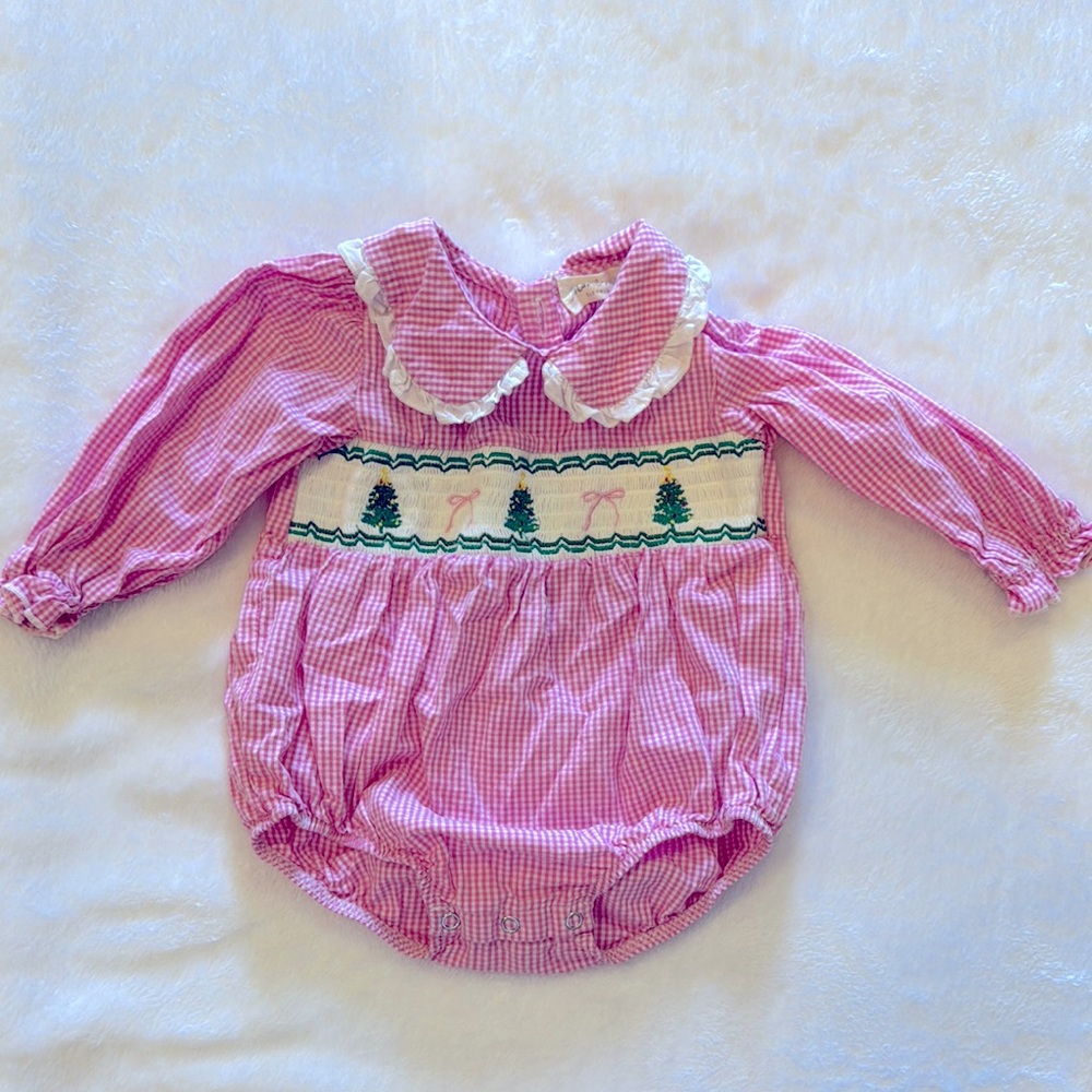 Pink Gingham Baby Romper with Christmas Tree Embroidery